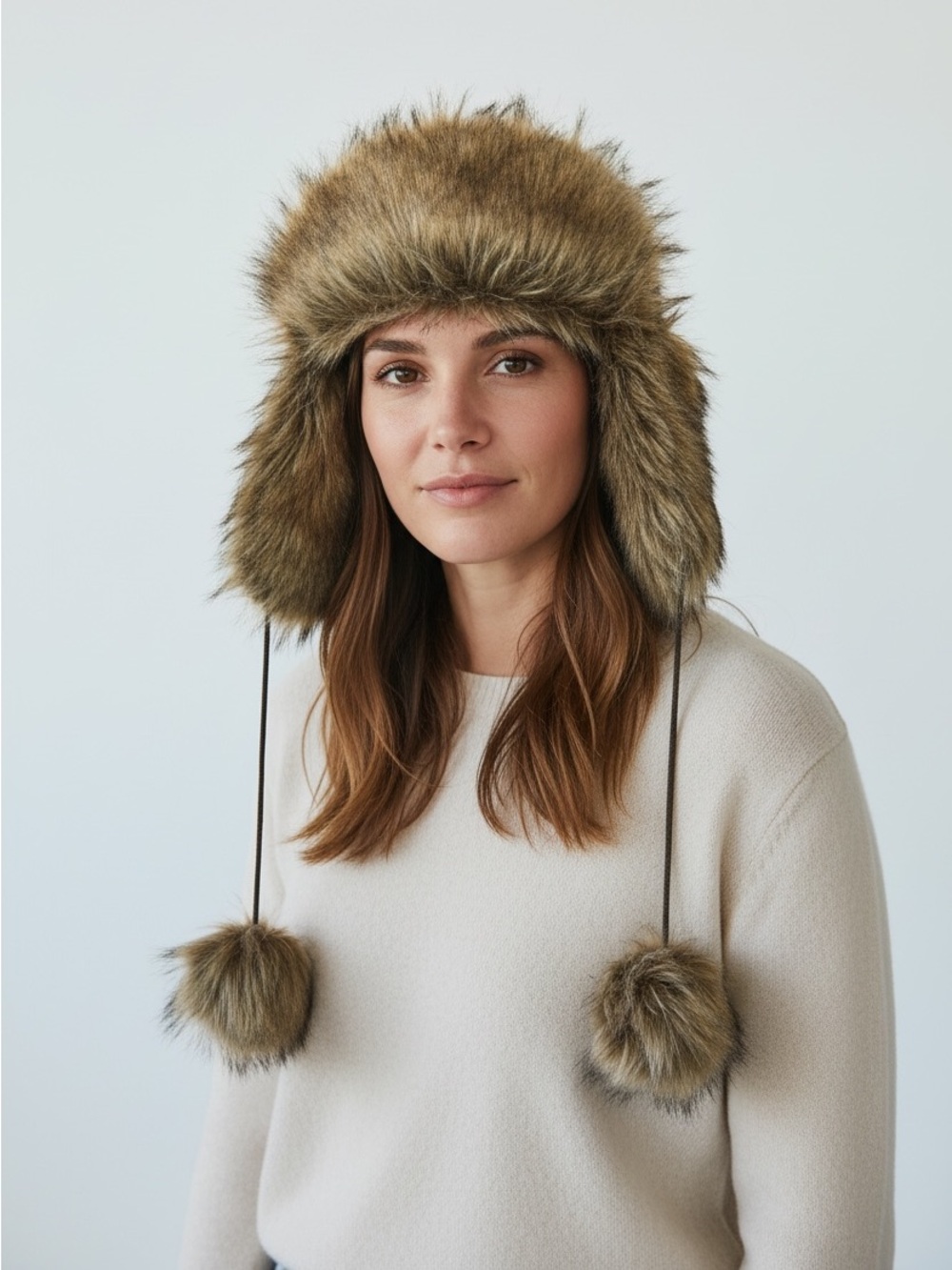 Grey Faux Fur Aviator/Trapper Hat with ear flaps and chin ties